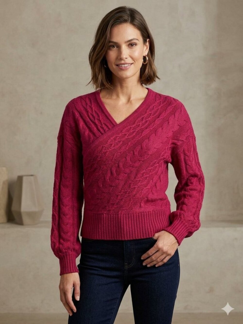 Express asymmetrical crossover sweater, berry pink, size S